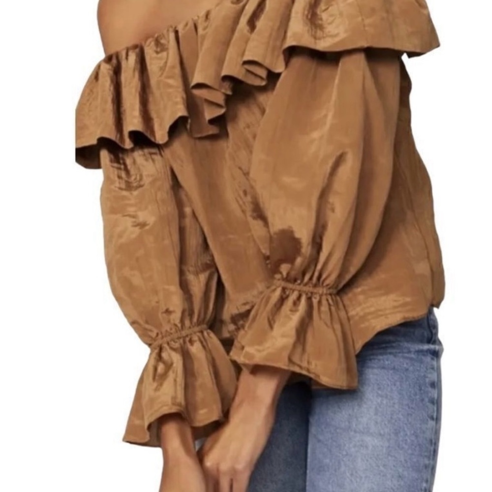 Misa Los Angeles Off-Shoulder Ruffle Blouse in Tan